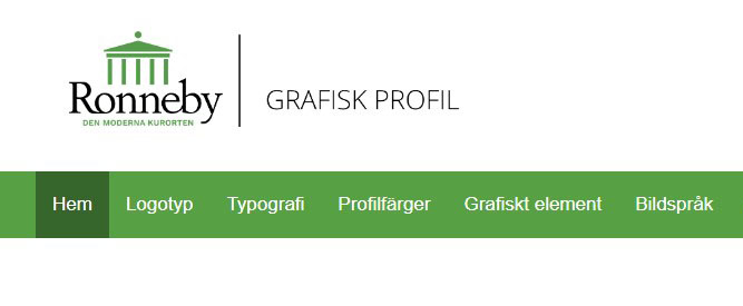Urklipp från hemsida för den gröna grafiska profilen, logotype Ronneby - den moderna kurorten