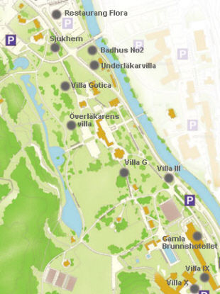 Kartbild över Brunnsparken med byggnaderna utmärkta.