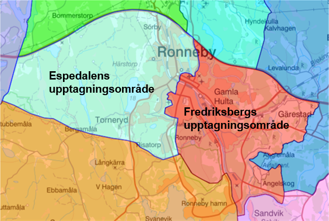Kartbild över central Ronneby med markeringar i olika färger