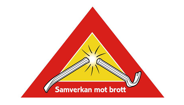 Symbol för grannsamverkan en röd triangel med en gul innanför som bakgrund och en delad kofot med texten samverkan mot brott 