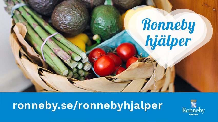 Bild med på en korg fullt av grönsaker med texten Ronneby hjälper i ett hjärta