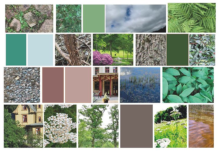 Urval av bilder i olika gröna, blåa och lila nyanser som tillsammans bildar en moodboard. På vissa bilder syns enbart en färg, på andra syns natur eller byggnader från Brunnsparken som t.ex. sjö, tall, små stena eller stora blad.
