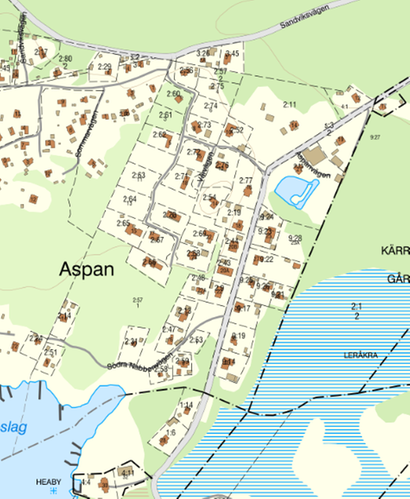 Plankarta över hustomter i området Aspan.