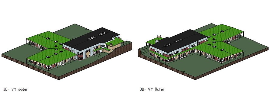 3D-visualisering av nya Persborgs förskolans fasad, vy från söder och öster