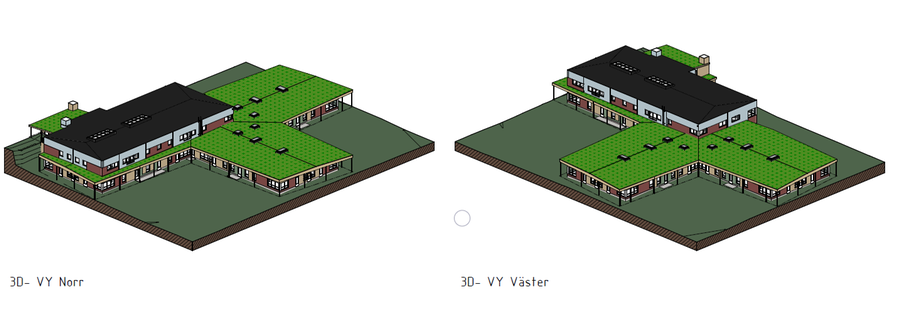 3D-visualisering av nya Persborgs förskolans fasad, vy från norr och väster