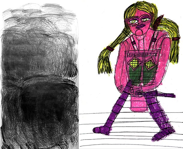 Bild på Mattias Johanssons abstrakt teckning och på Julia Göranssons teckning "Stark tjej"