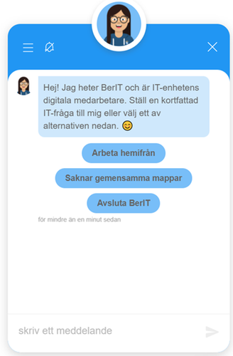 Skärmdump på chattfönster för BerIT där hon frågar vad hon kan hjälpa till med.