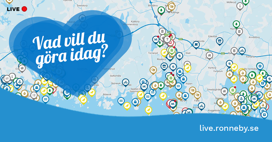 En karta över Ronneby med markörer (pins) i olika färger på. I ett hjärta står det "Vad vill du göra idag?"