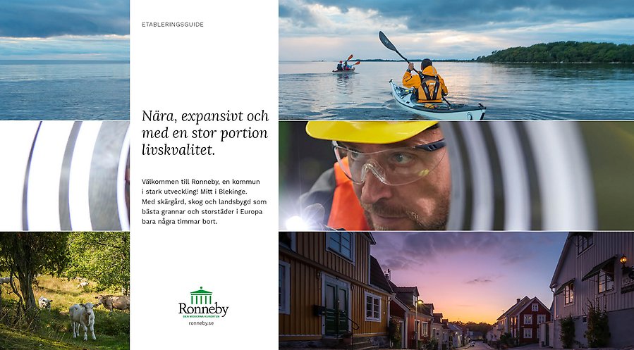 Nära, expansivt och med en stor portion livskvalitet - Ronneby Etableringsguide. Bild på kajak, industri, äldre stadsmiljö och kossor