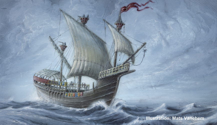 Illustration över skeppet Gribshunden till havs
